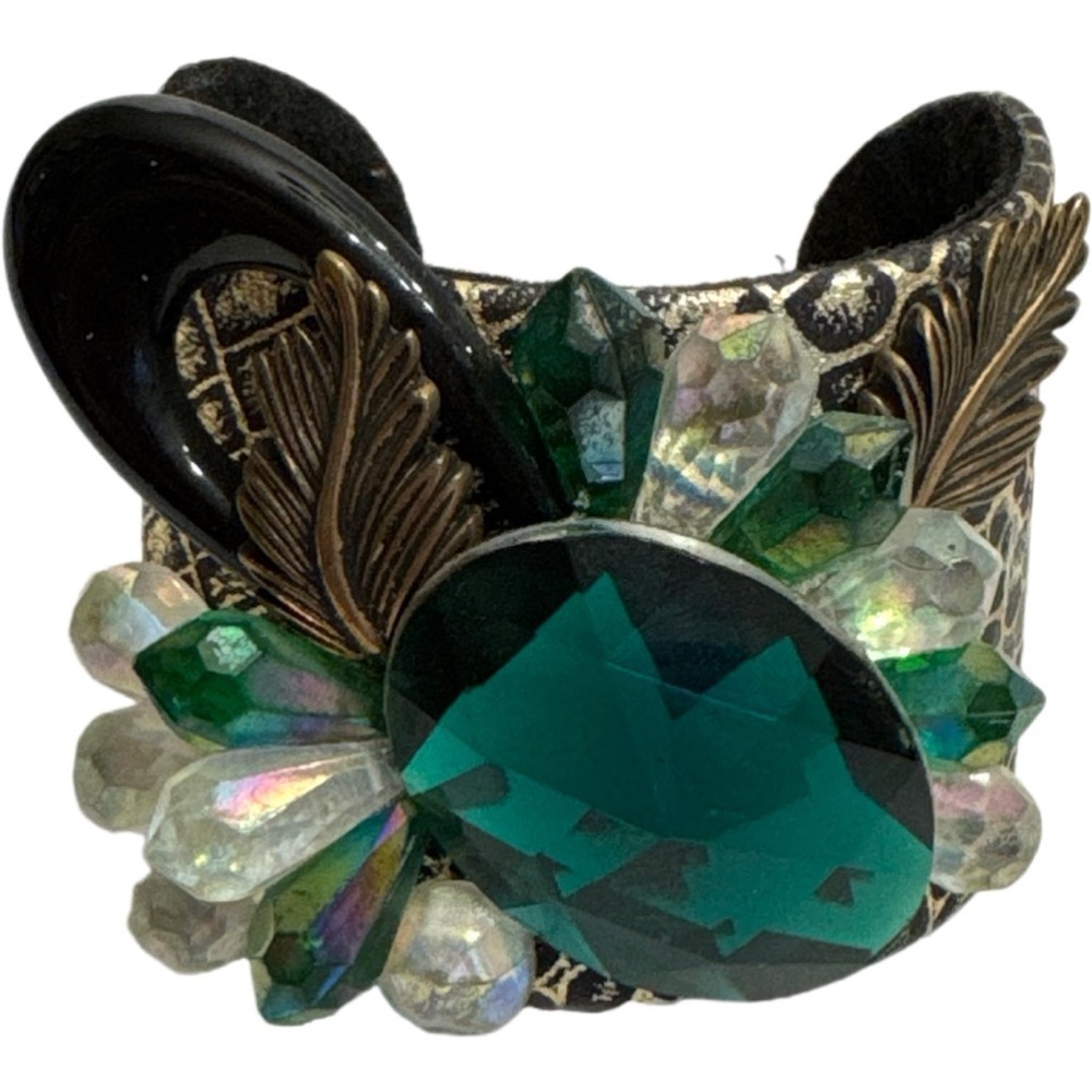 Handcrafted Embellished Statement Cuff Bracelet Beaded Green Rhinestone Crystals
